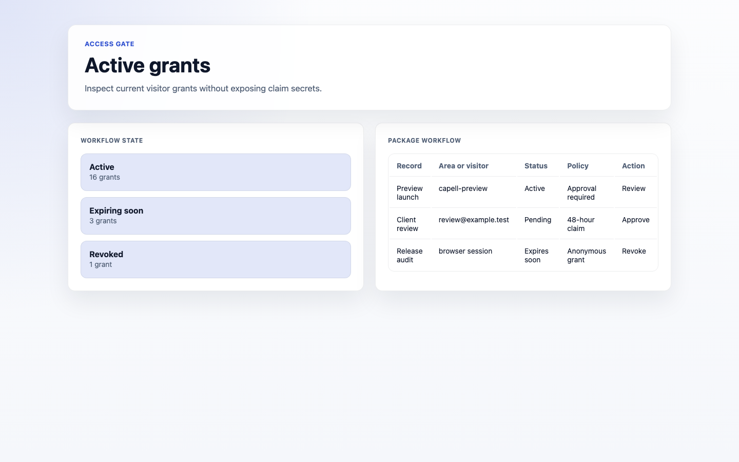 Illustrative access Gate grants admin index showing active, expired, and revoked grants.