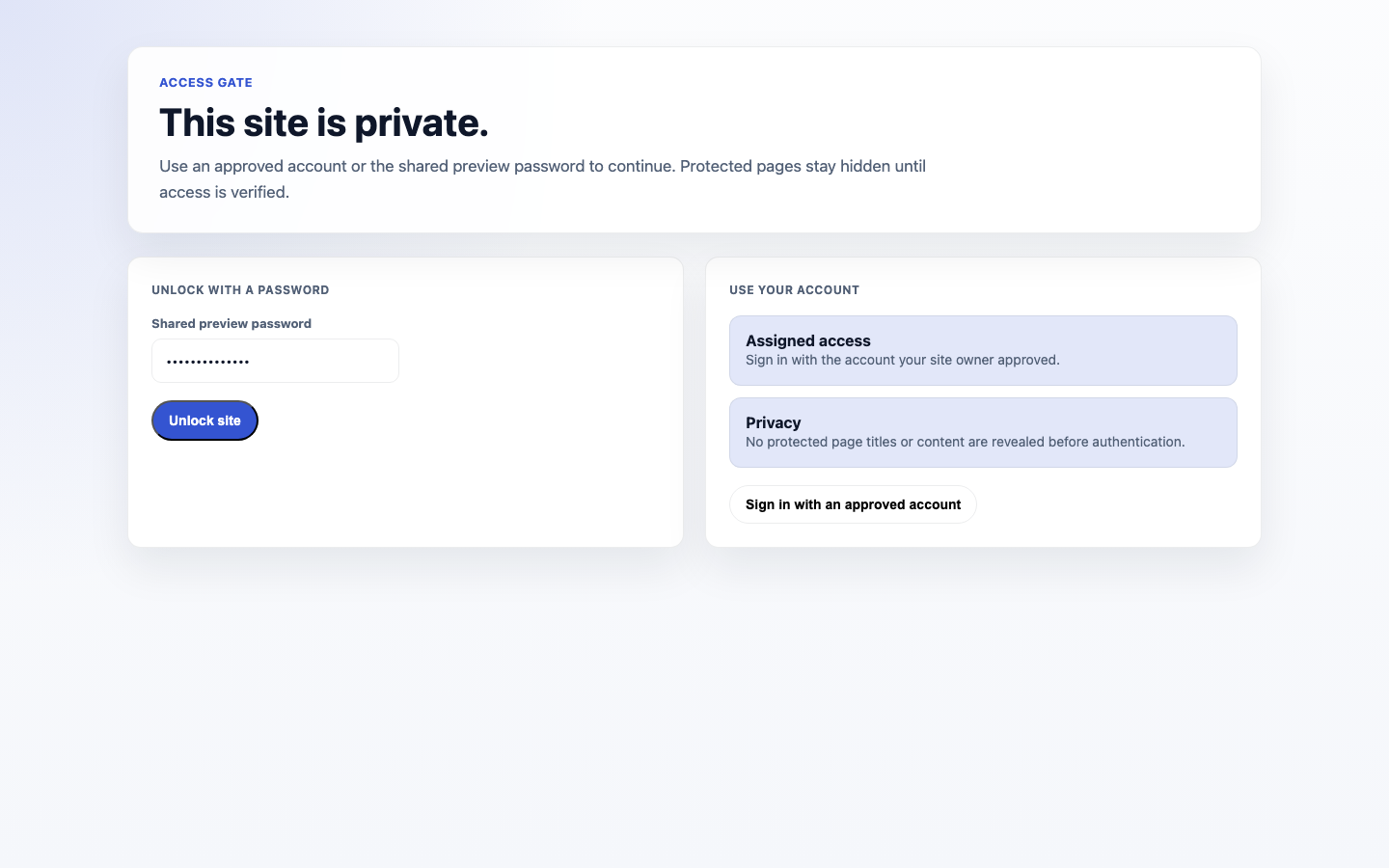 Illustrative access Gate Site Lockdown unlock screen with a shared access password and assigned-account sign-in.