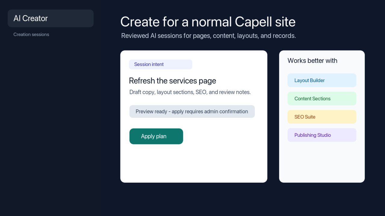 AI Creator session preview showing a reviewed Capell content plan with extension recommendations.