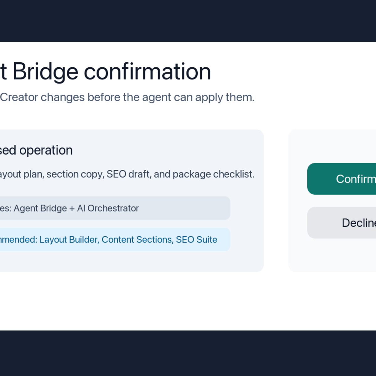 AI Creator Agent Bridge confirmation preview for applying a reviewed creation plan.