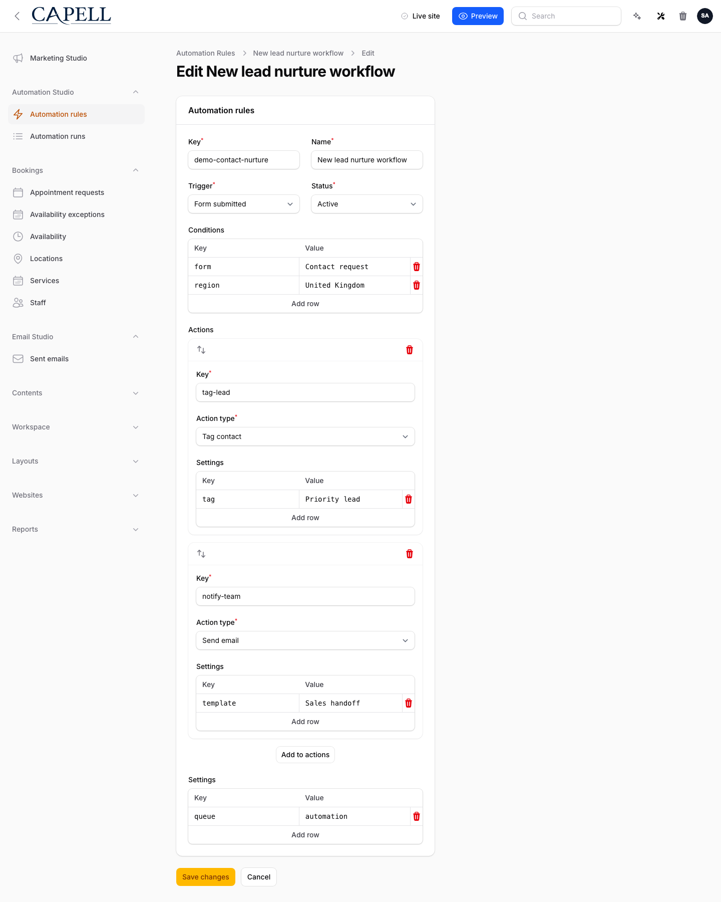 Automation Studio rule edit screen with conditions, actions, and settings.