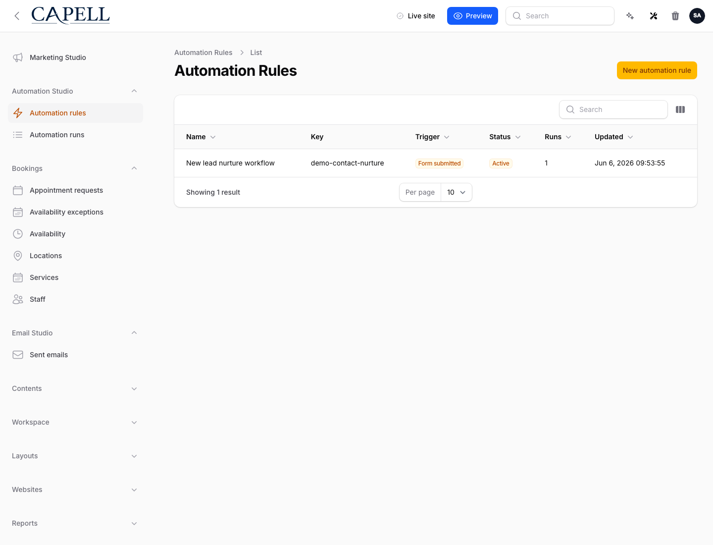 Automation Studio rules index showing a seeded lead nurture workflow.