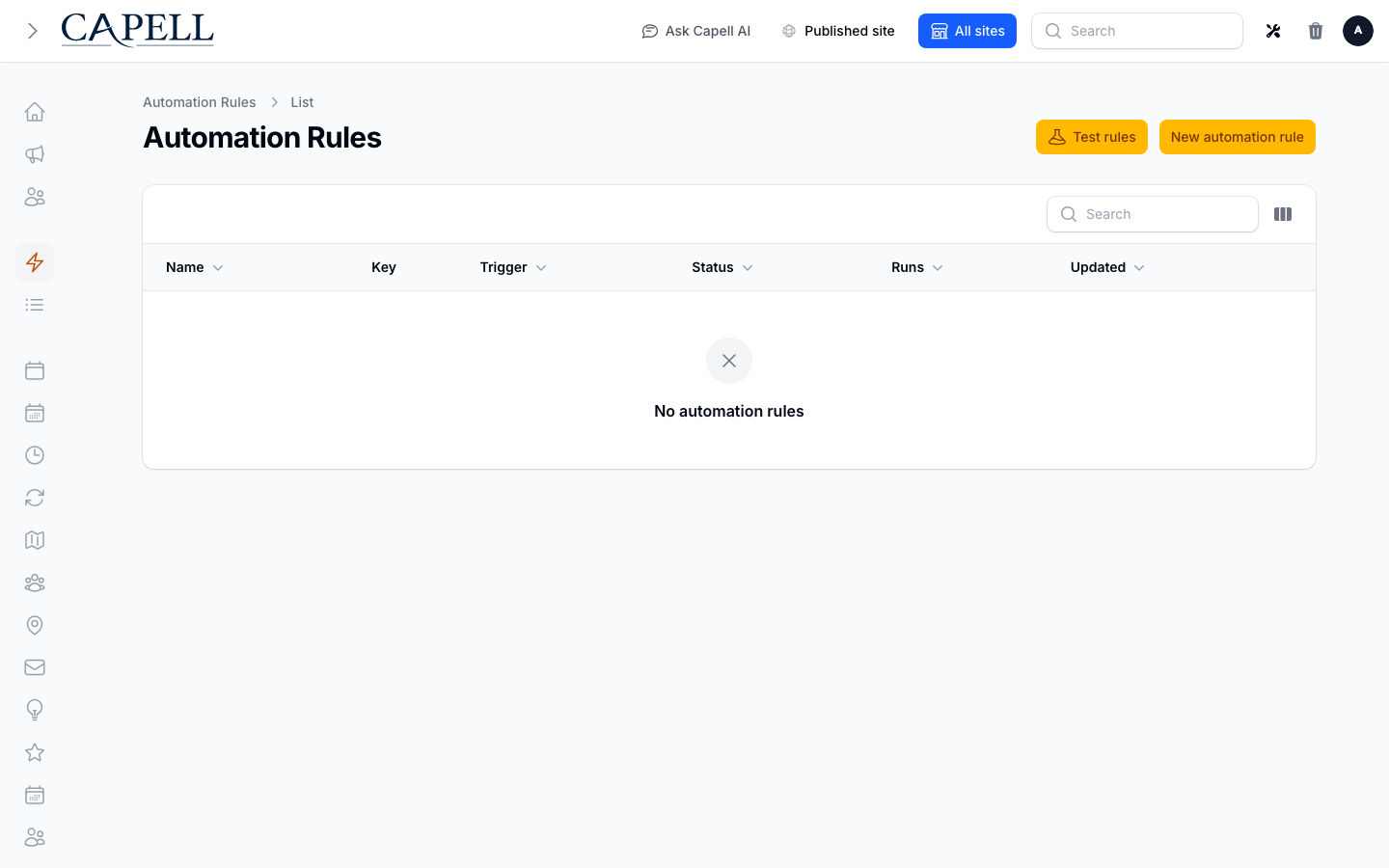 Automation Studio rules index showing a seeded lead nurture workflow.