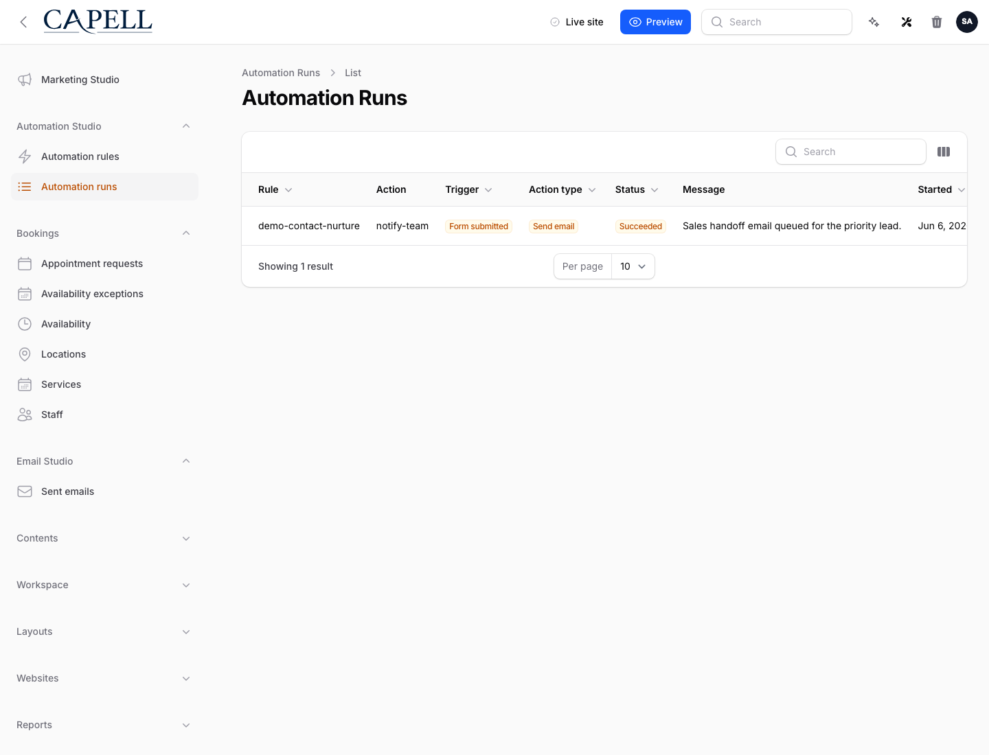 Automation Studio runs index showing a successful send email action.