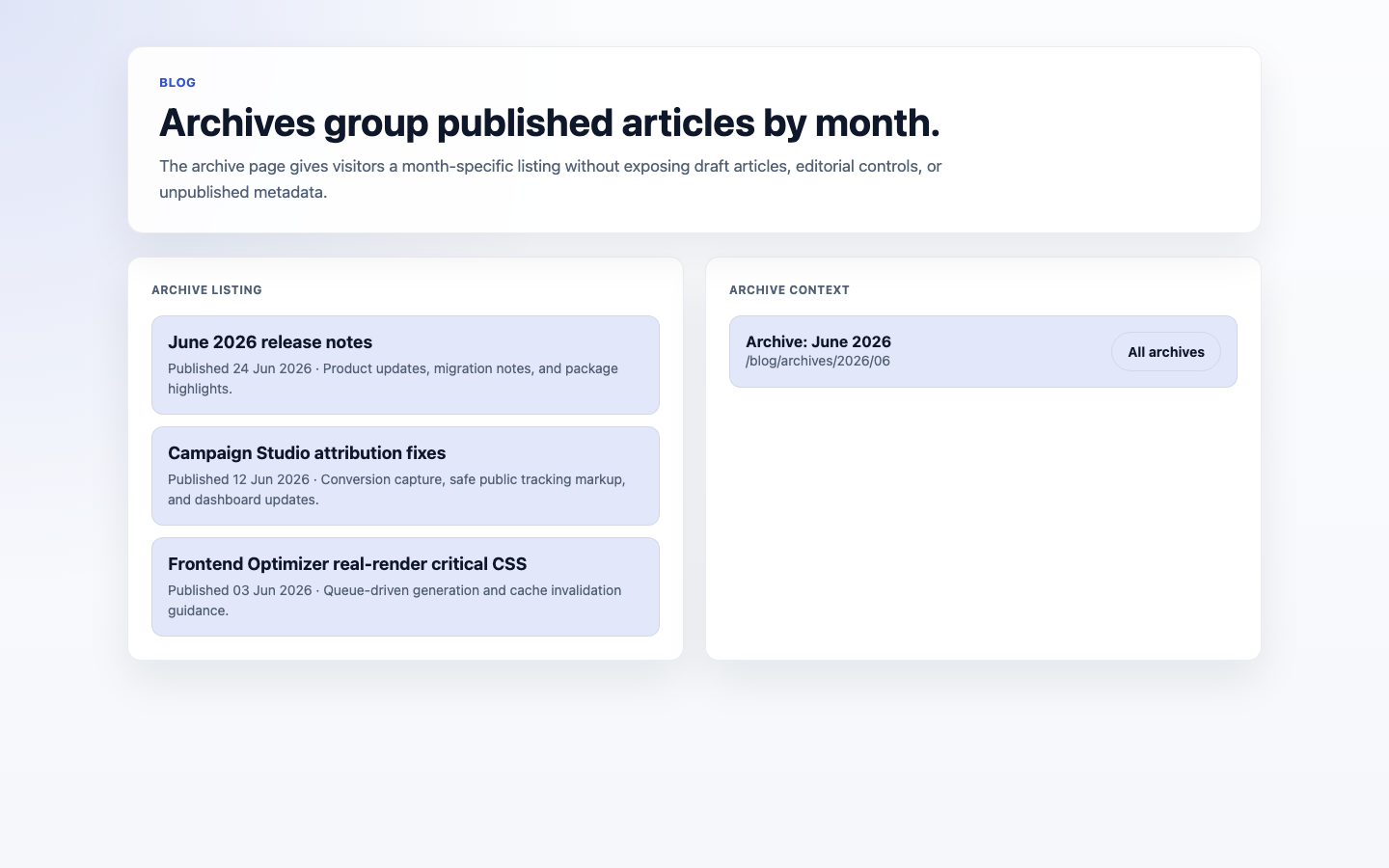 Archive Page Frontend Output screenshot.