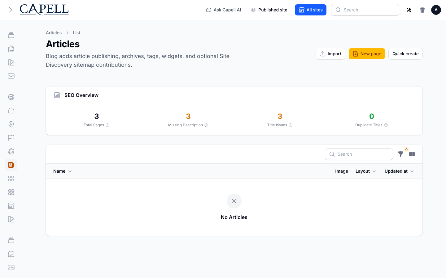 Articles admin index showing article publishing status and editorial controls