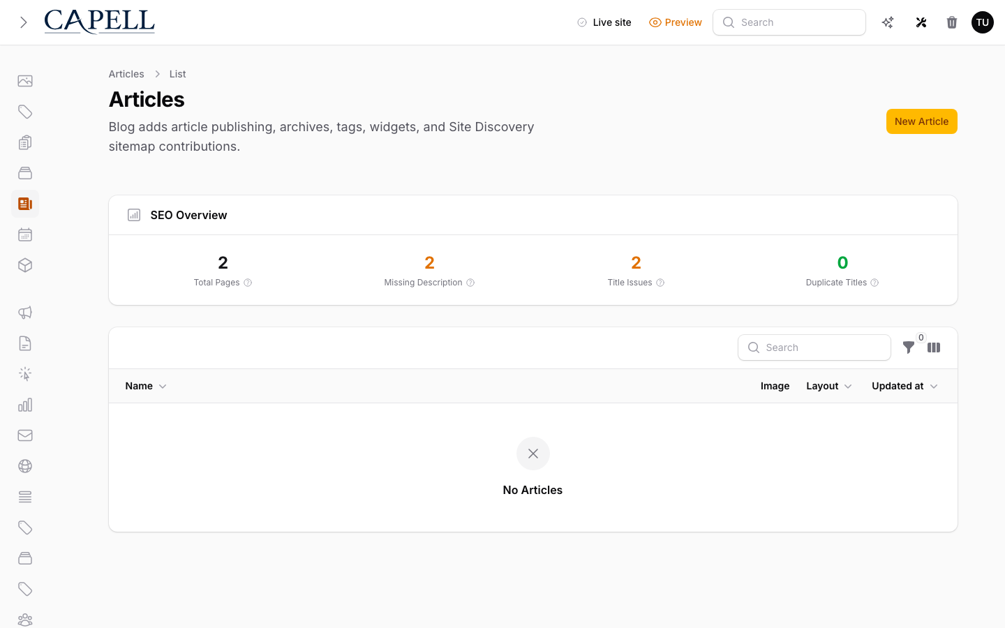 Articles admin index showing article publishing status and editorial controls