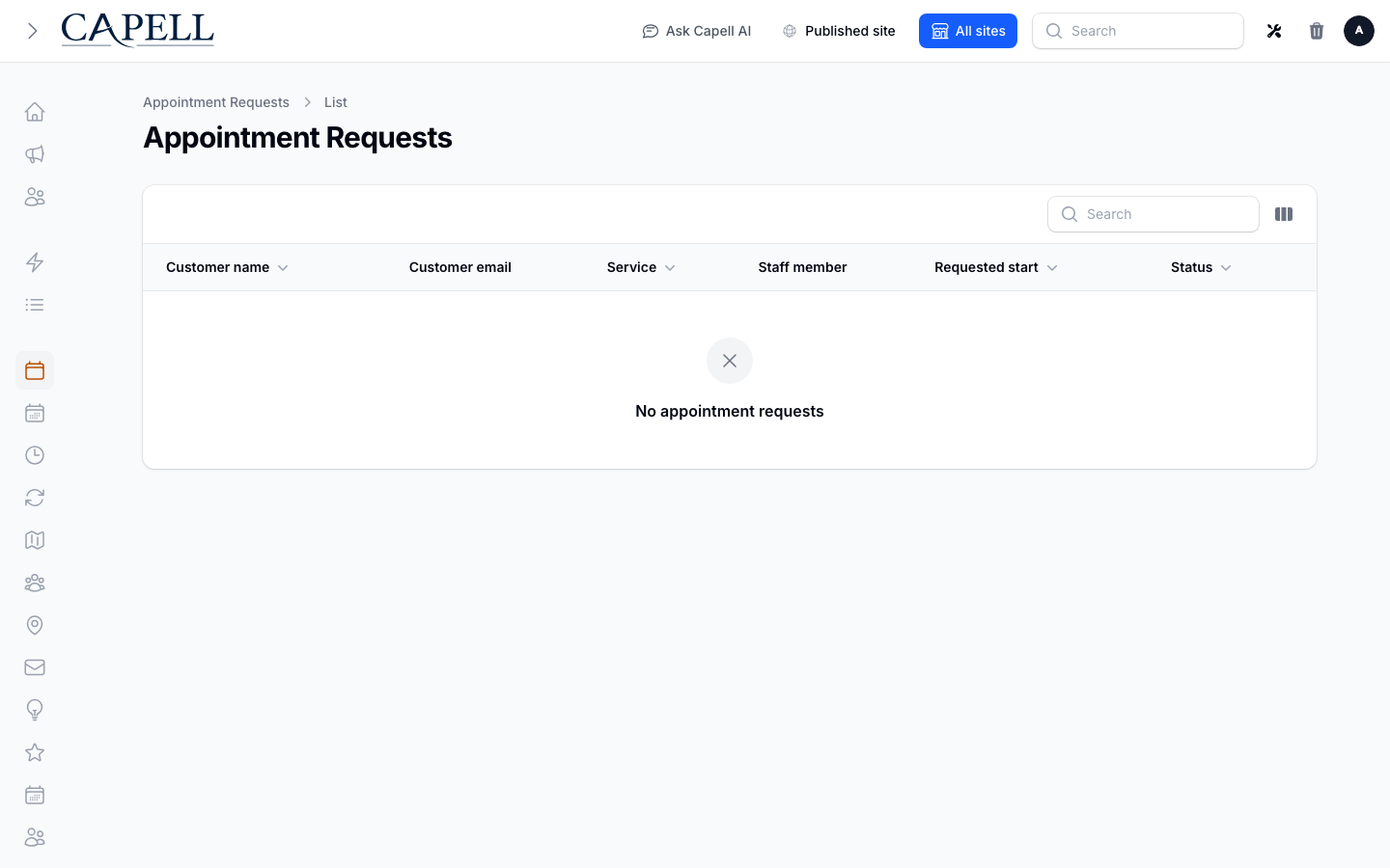 Admin appointment request queue with requested, confirmed, and audited booking states.