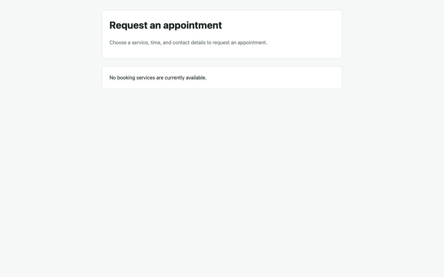 Public booking request form showing service, staff, location, time, and customer fields.