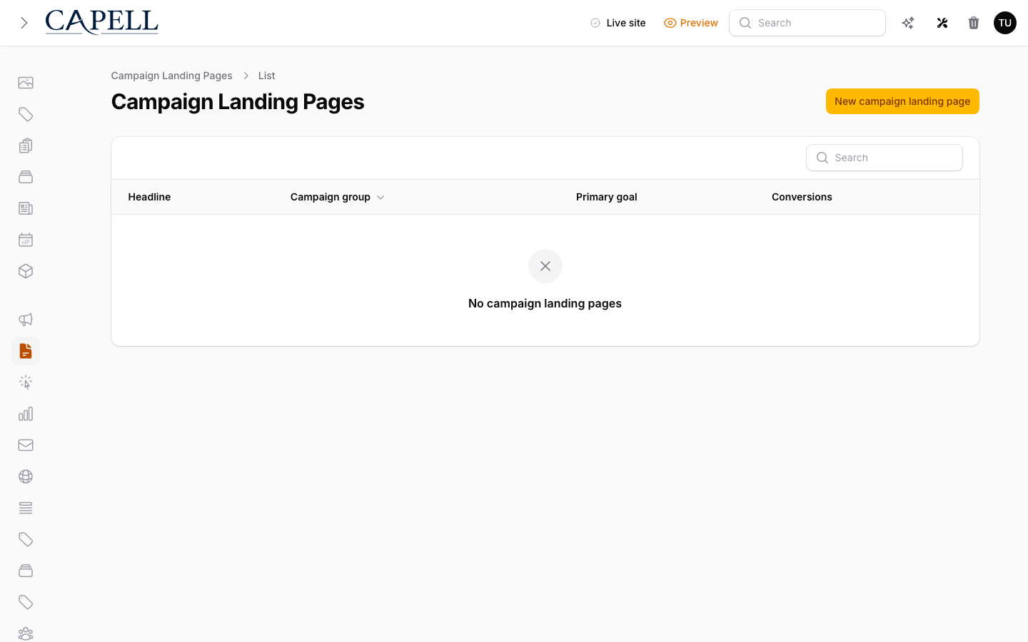 Campaign landing-page variants listing in the Capell admin