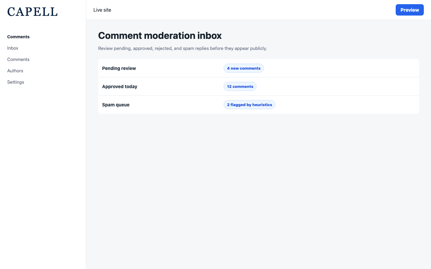 Capell Comments moderation inbox with pending and spam review queues