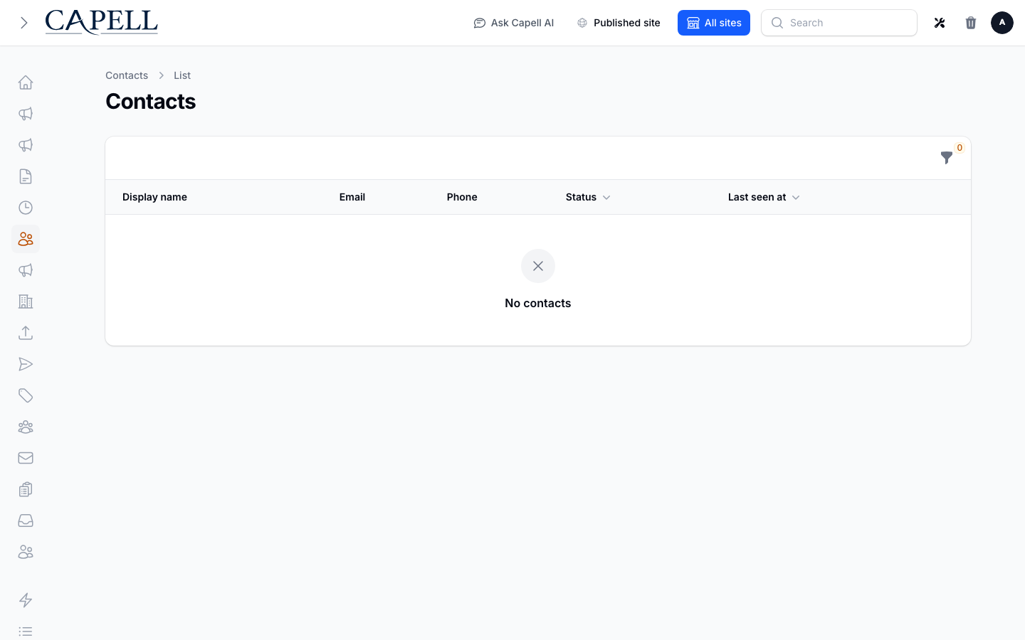 Capell admin Contacts table showing Ava Morgan with email, phone, active status, and privacy export actions.