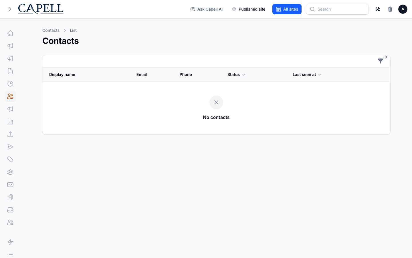 Capell admin Contacts table showing Ava Morgan with email, phone, active status, and privacy export actions.