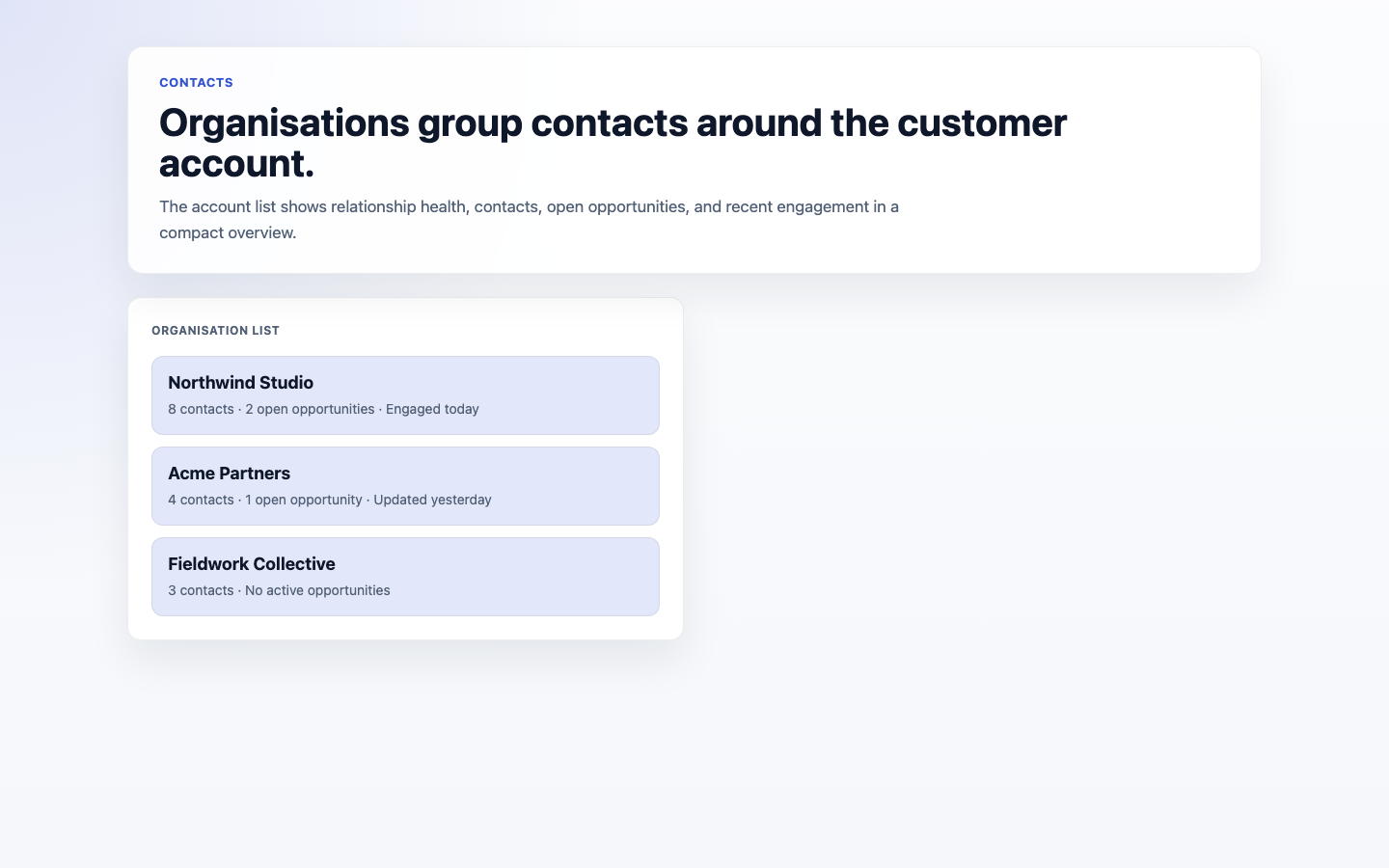 Contacts Organisations Index screenshot.