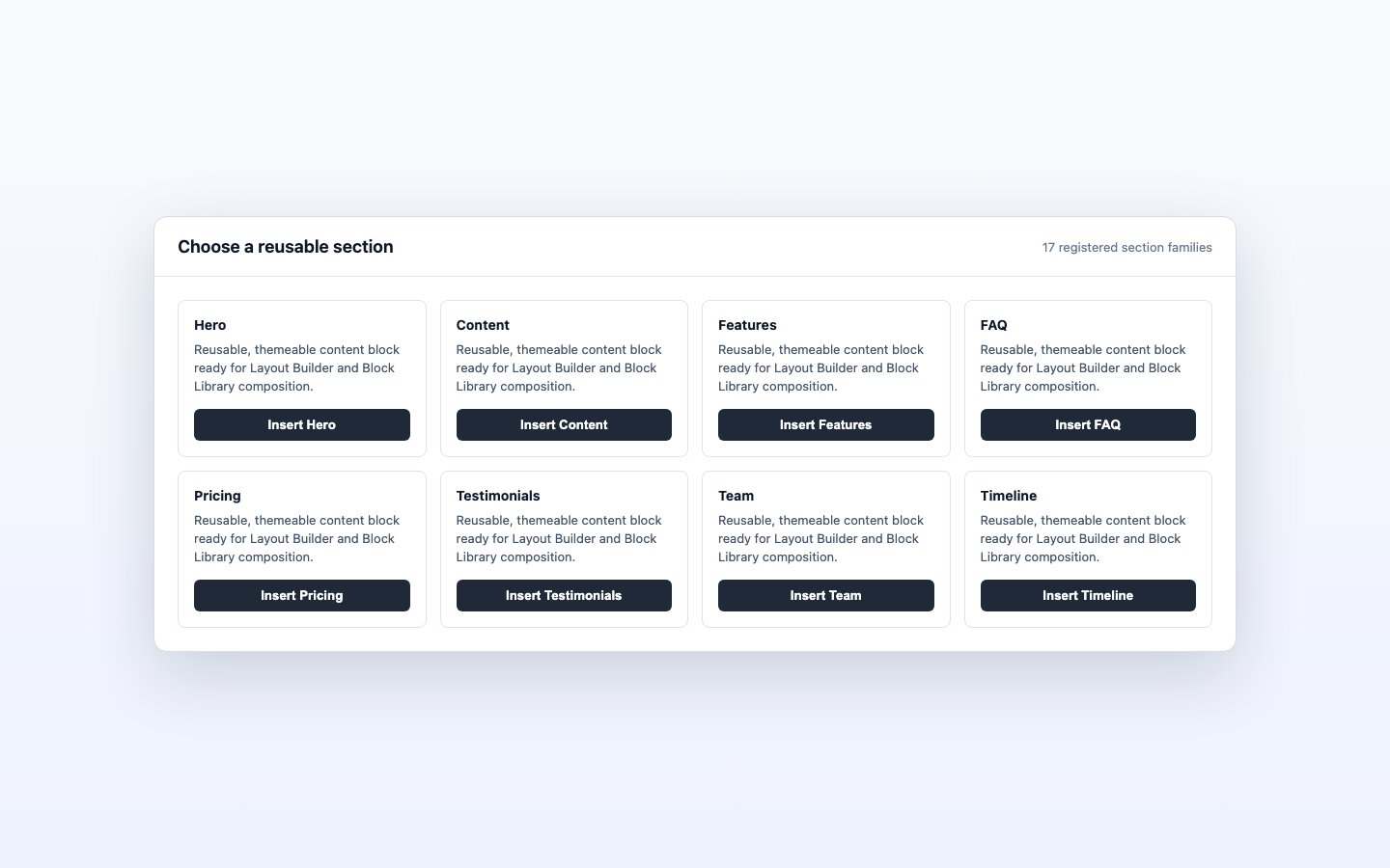 Section Selector Modal screenshot.