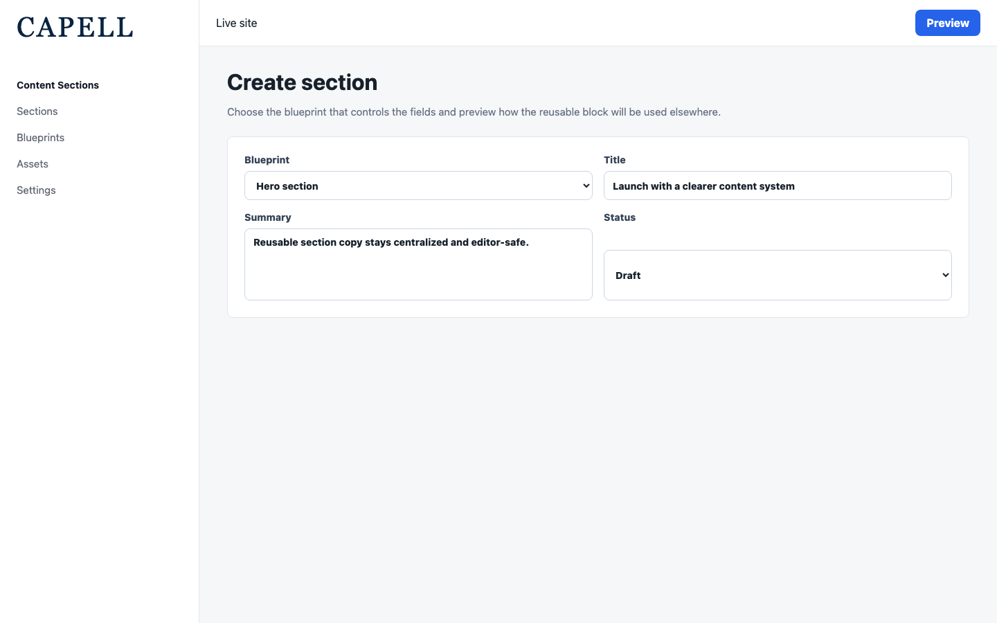 Create Section form with blueprint selector and content editor