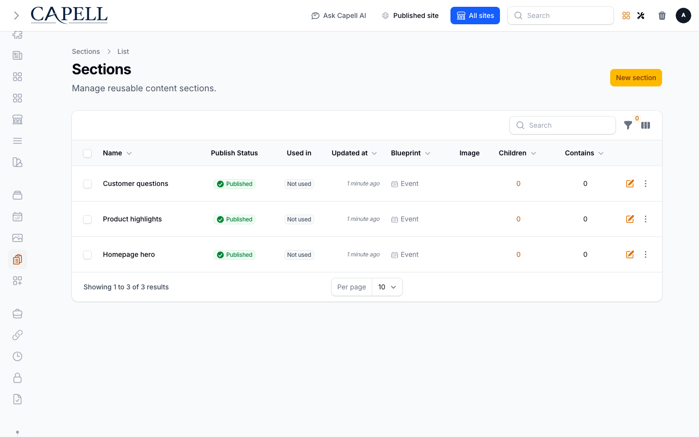 Content Sections admin index with reusable section records