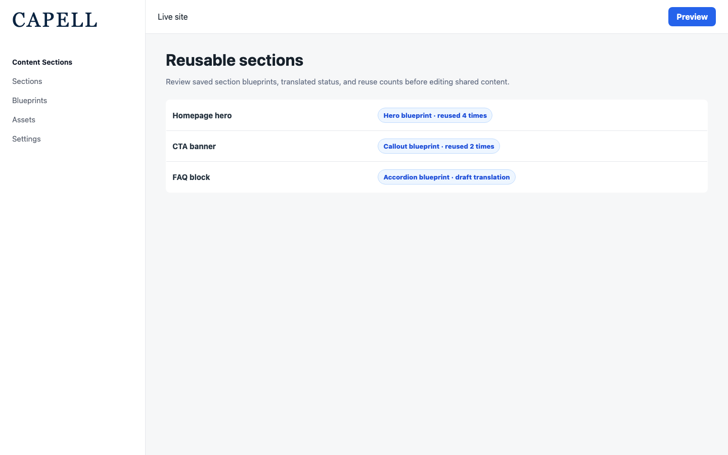 Content Sections admin index with reusable section records