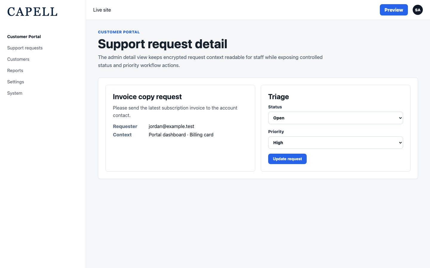 Customer portal support triage edit screen