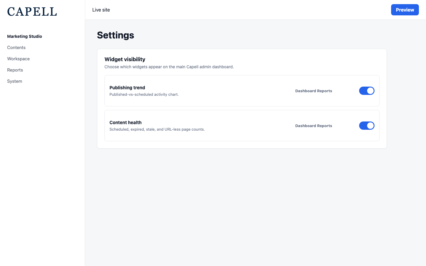 Dashboard Reports settings screen with widget visibility controls