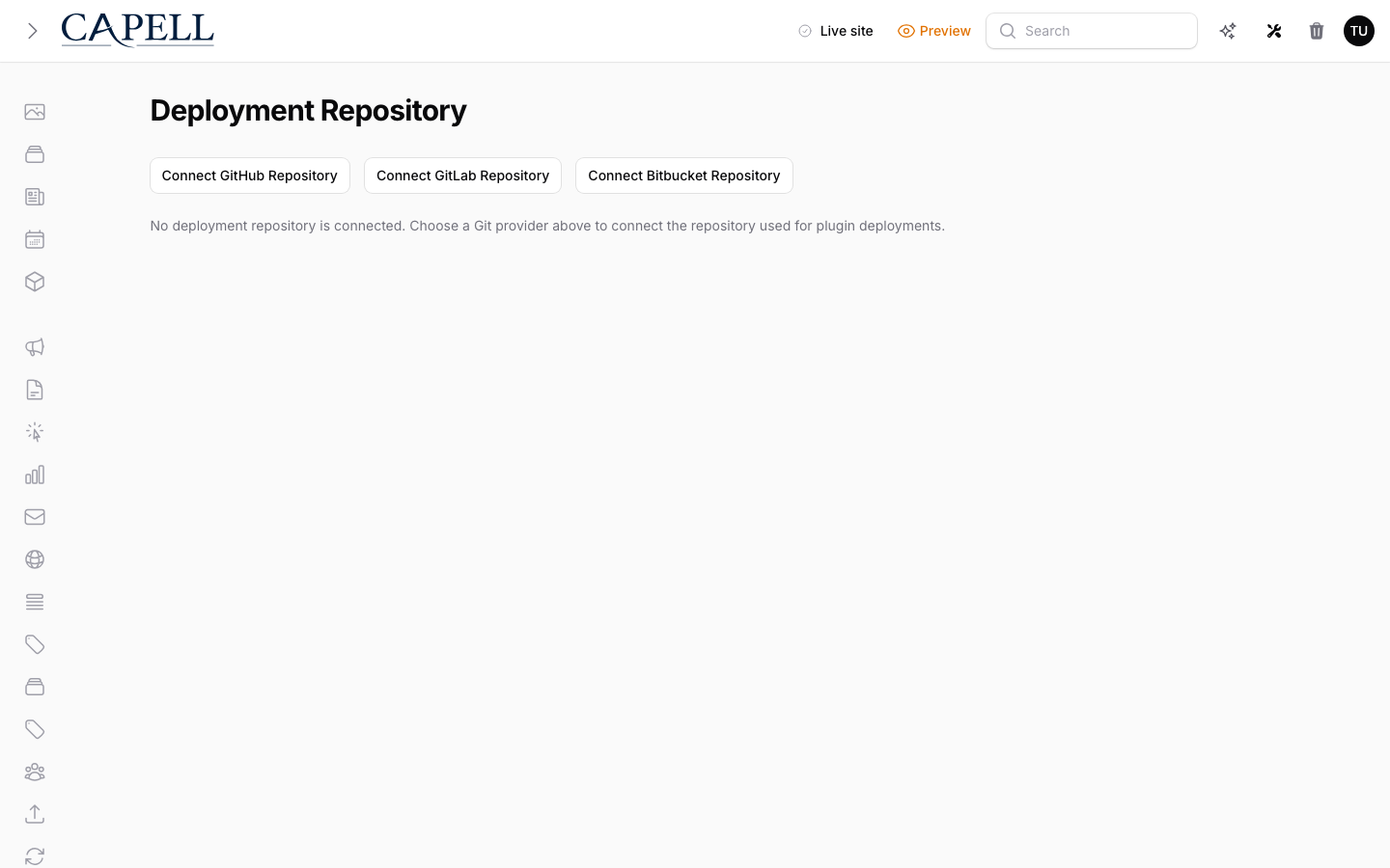 Deployment Repository page showing GitHub, GitLab, and Bitbucket OAuth connect buttons