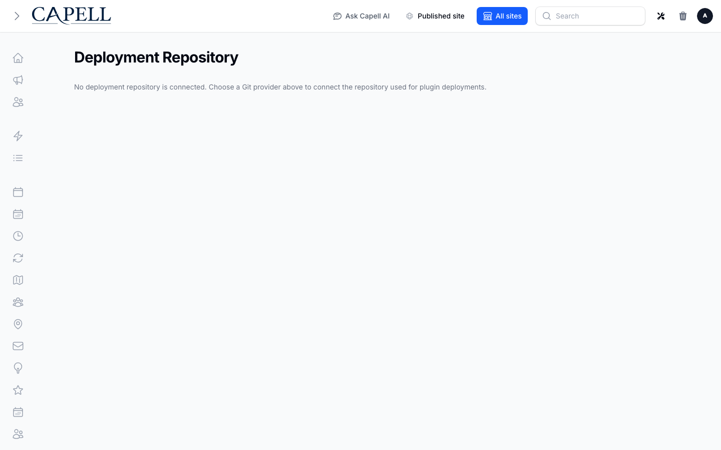 Deployment Repository page showing GitHub, GitLab, and Bitbucket OAuth connect buttons