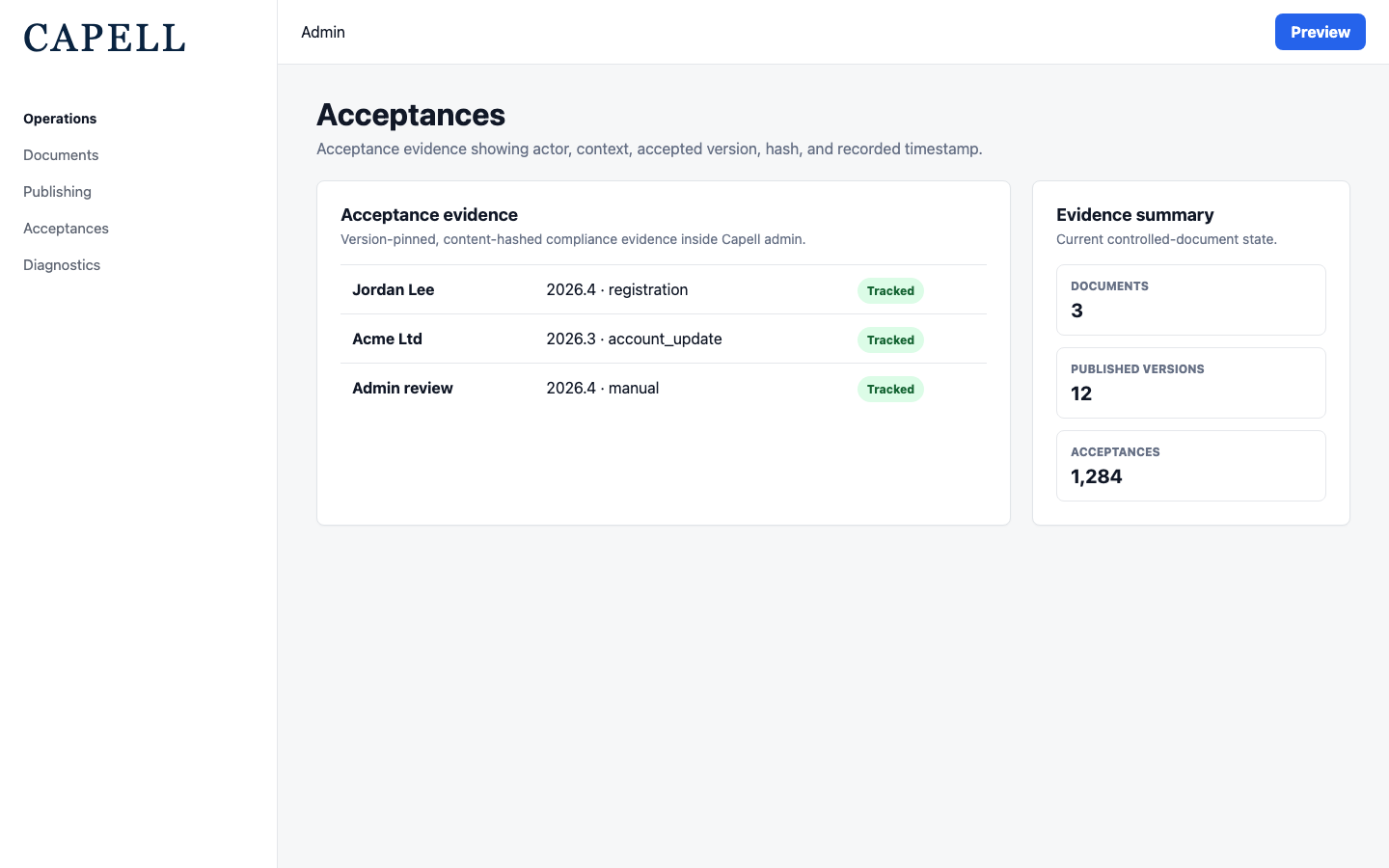 Document Lifecycle acceptances relation manager with actor and version evidence