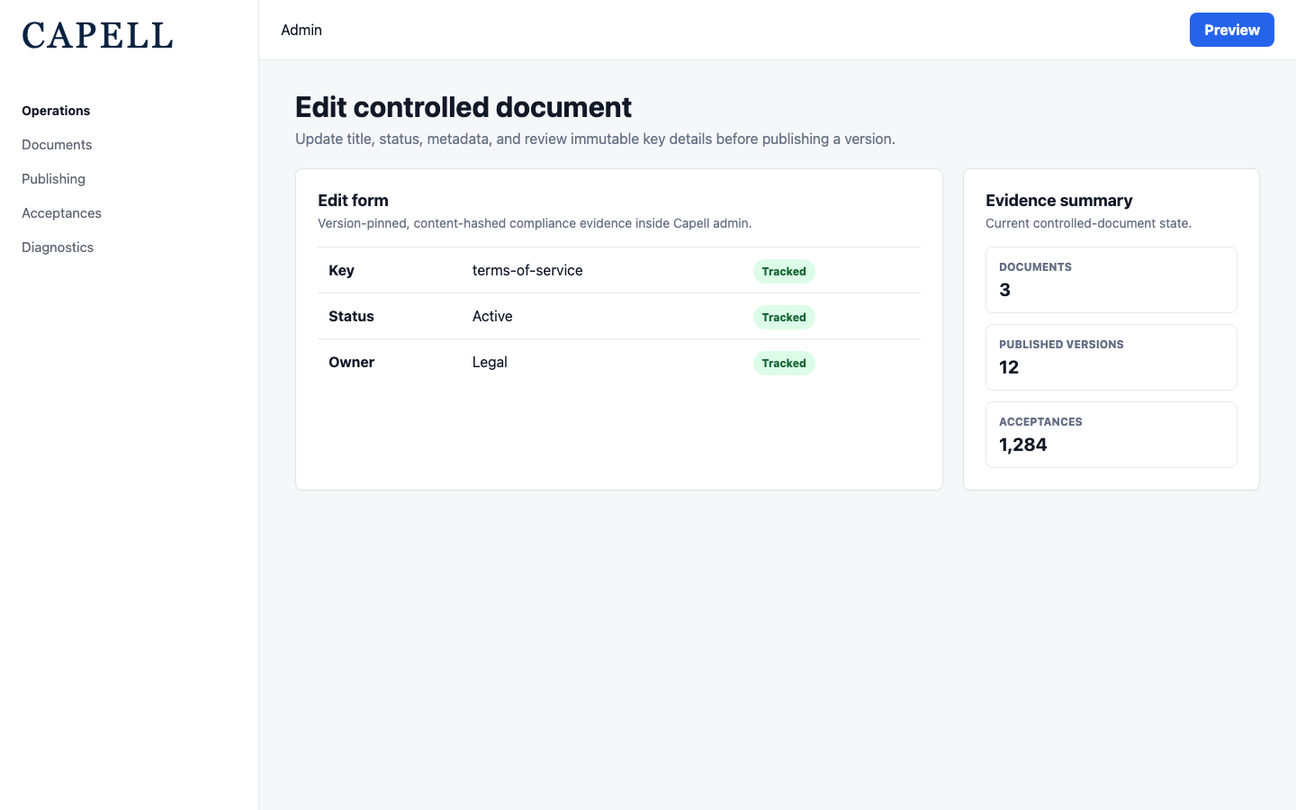 Document Lifecycle controlled document edit form in Capell admin