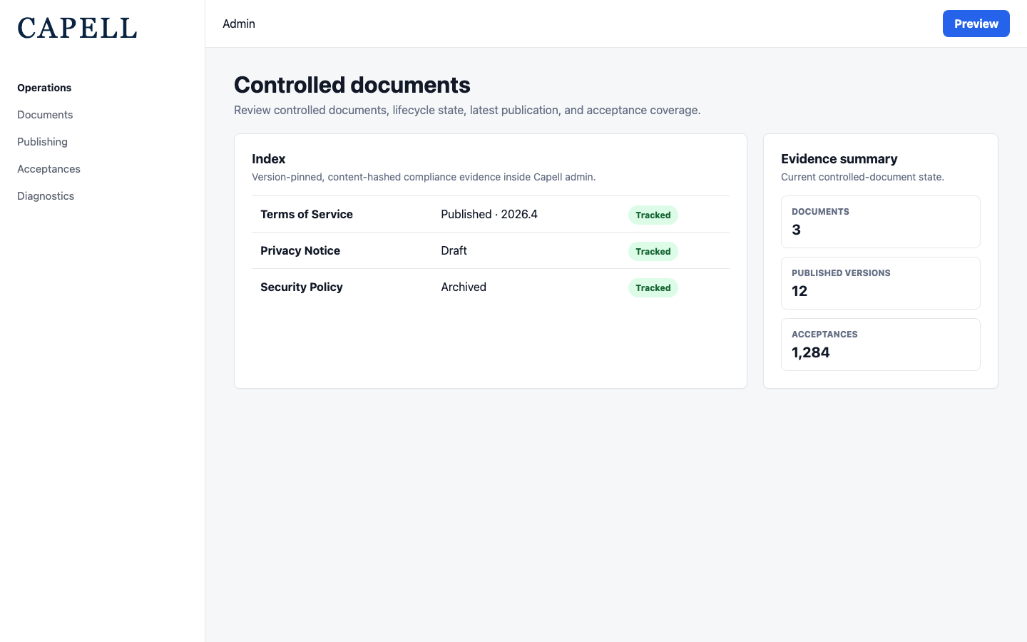 Document Lifecycle controlled documents index in Capell admin
