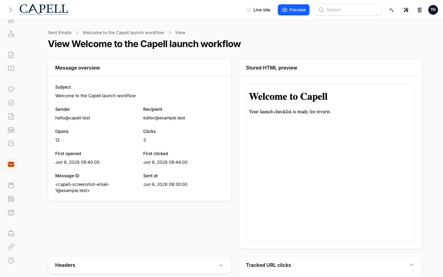 Email Studio sent email detail page with headers and sandboxed HTML preview