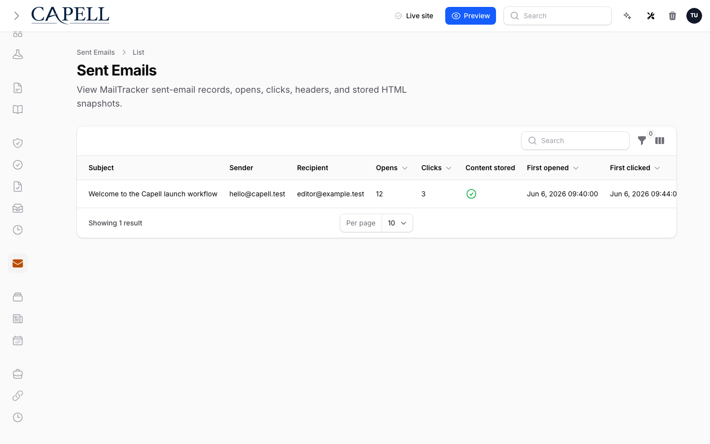 Email Studio sent emails table with MailTracker opens and clicks