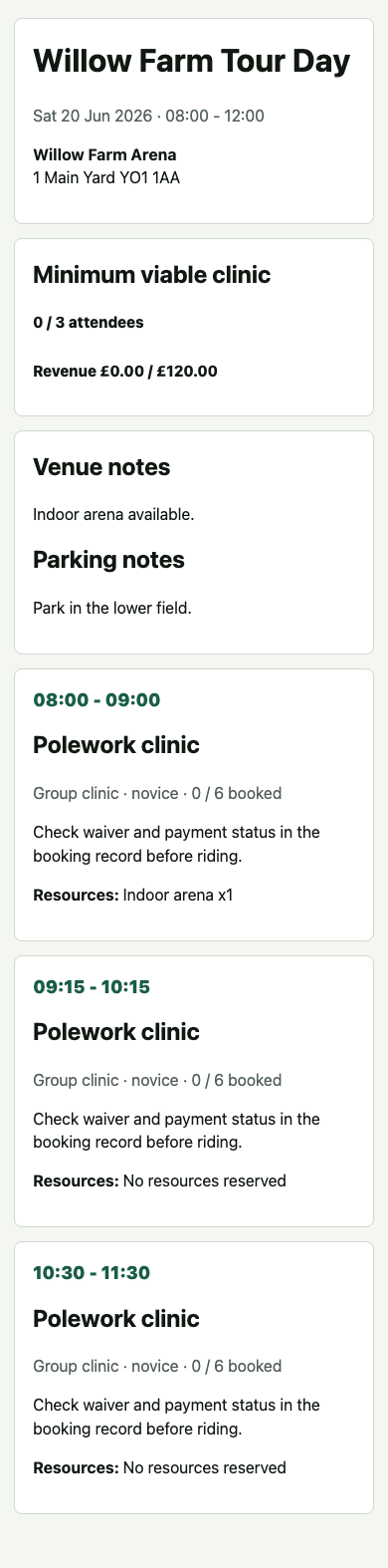 Mobile coach timetable showing clinic viability, venue notes, slot schedule, payment and waiver reminder, and resource reservations