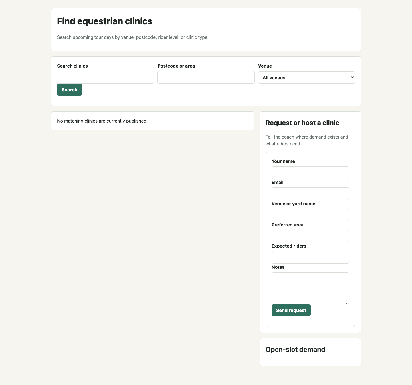 Public Equestrian Clinics discovery page showing tour days, open slots, waitlist state, host request form, and demand heatmap