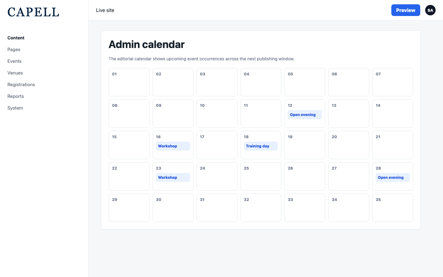 Admin event calendar page showing upcoming occurrences