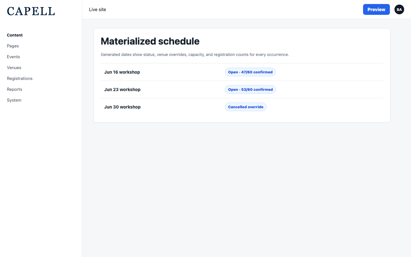 Event occurrences admin table with generated schedule and capacity state