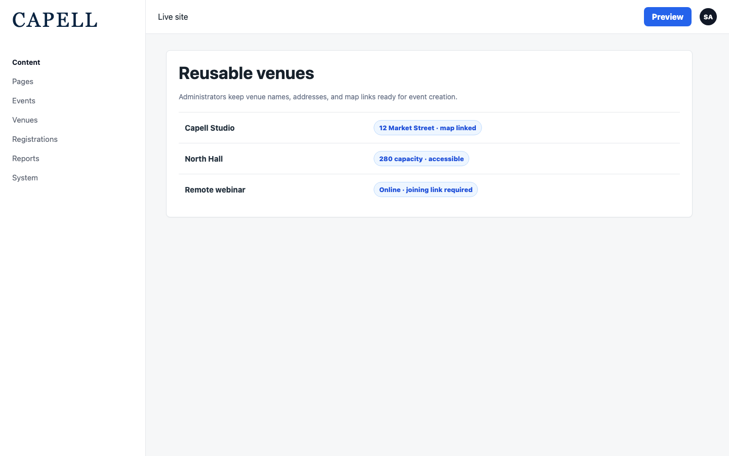 Event venues admin table with reusable address and map details