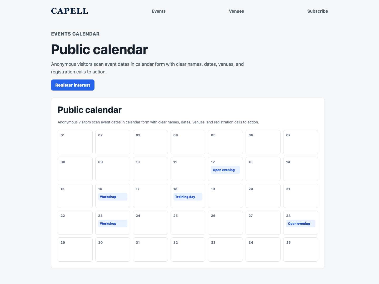 Public events calendar page showing upcoming event dates