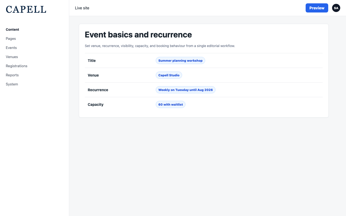 Create event form with schedule, recurrence, venue, and capacity settings