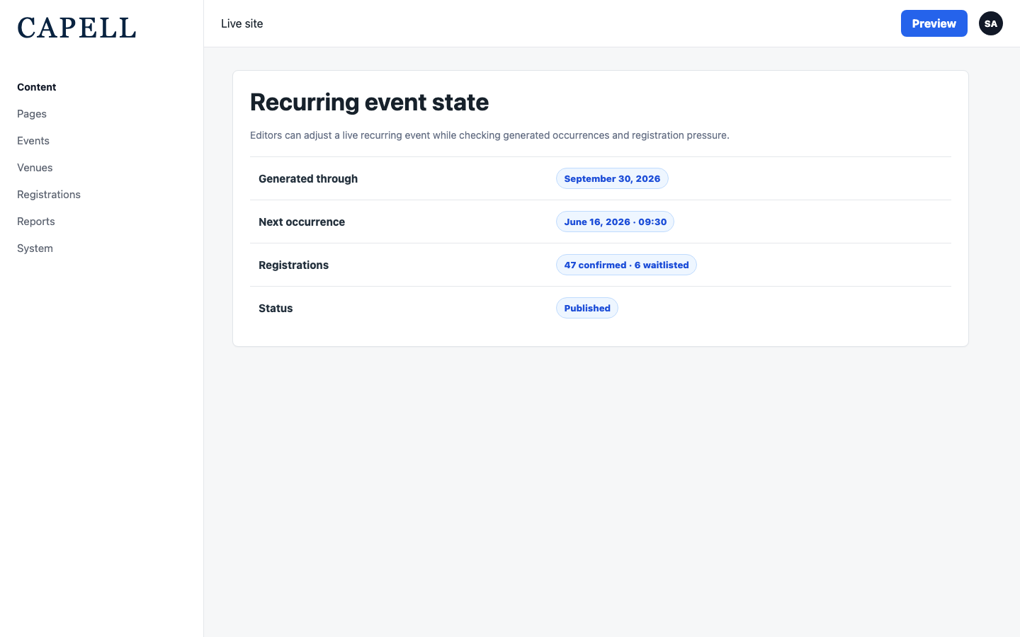 Edit event form showing generated occurrence and registration state
