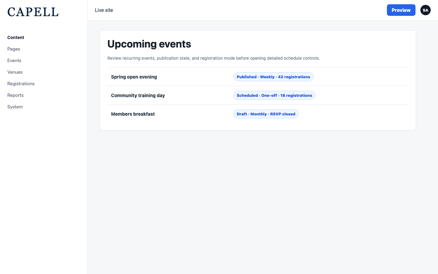 Events admin table with recurring event status and registration counts