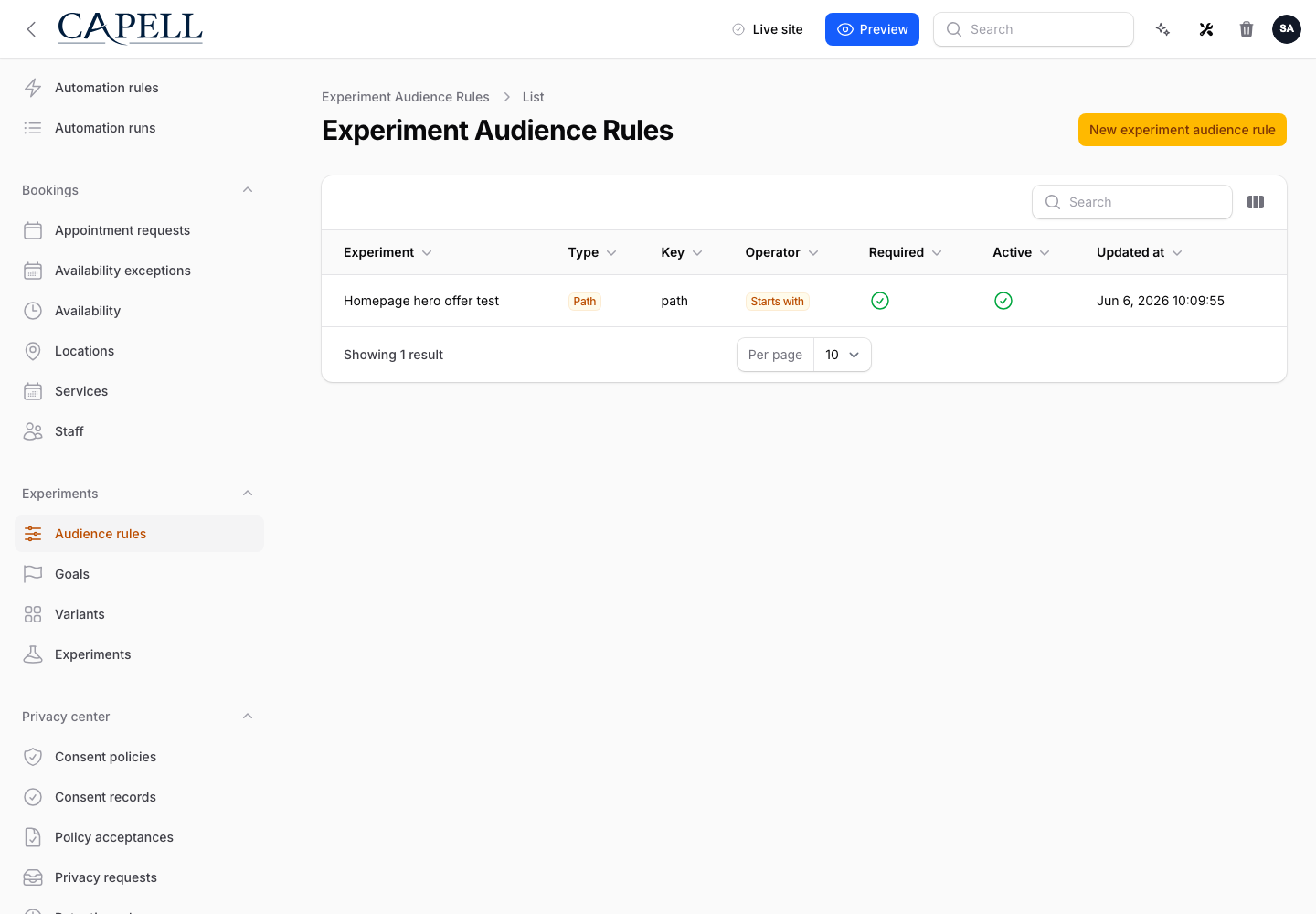 Capell admin Experiment Audience Rules table showing a path rule using the Starts with operator.
