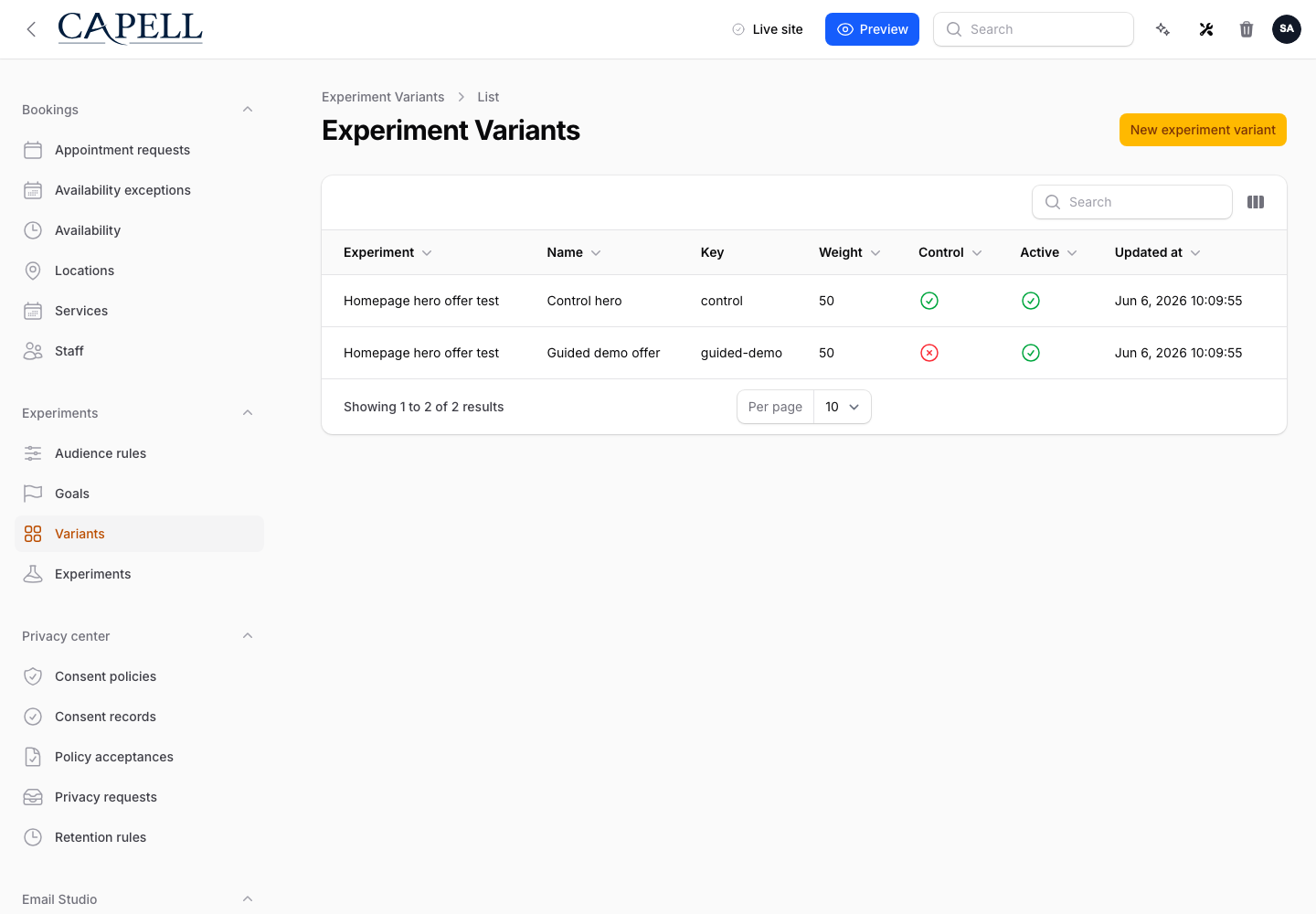 Capell admin Experiment Variants table showing control and guided demo variants with weights and active state.