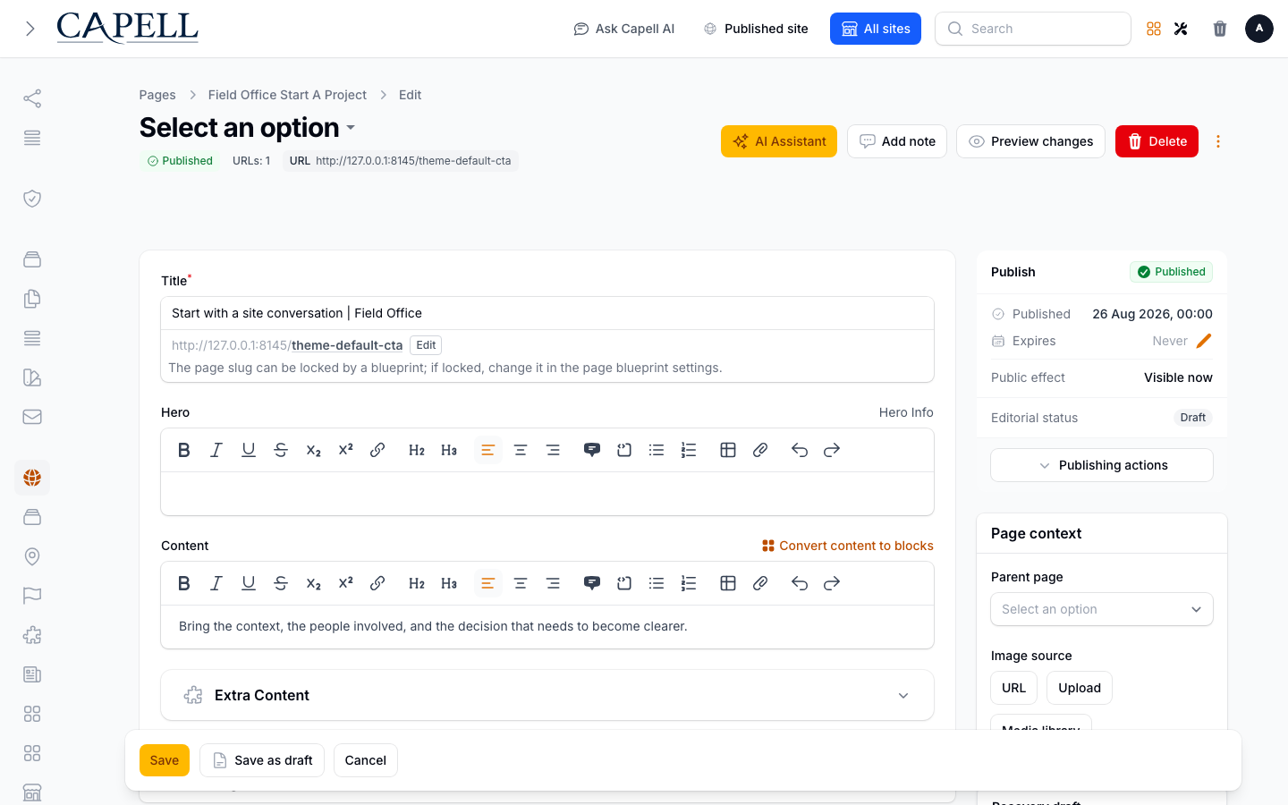 Filament Peek page edit preview actions