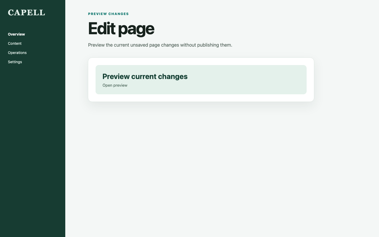Capell Page edit screen with the Filament Peek preview action group