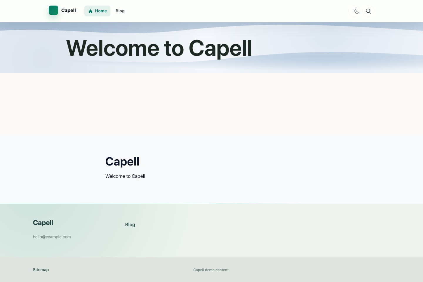 Capell public homepage rendering the Hero widget