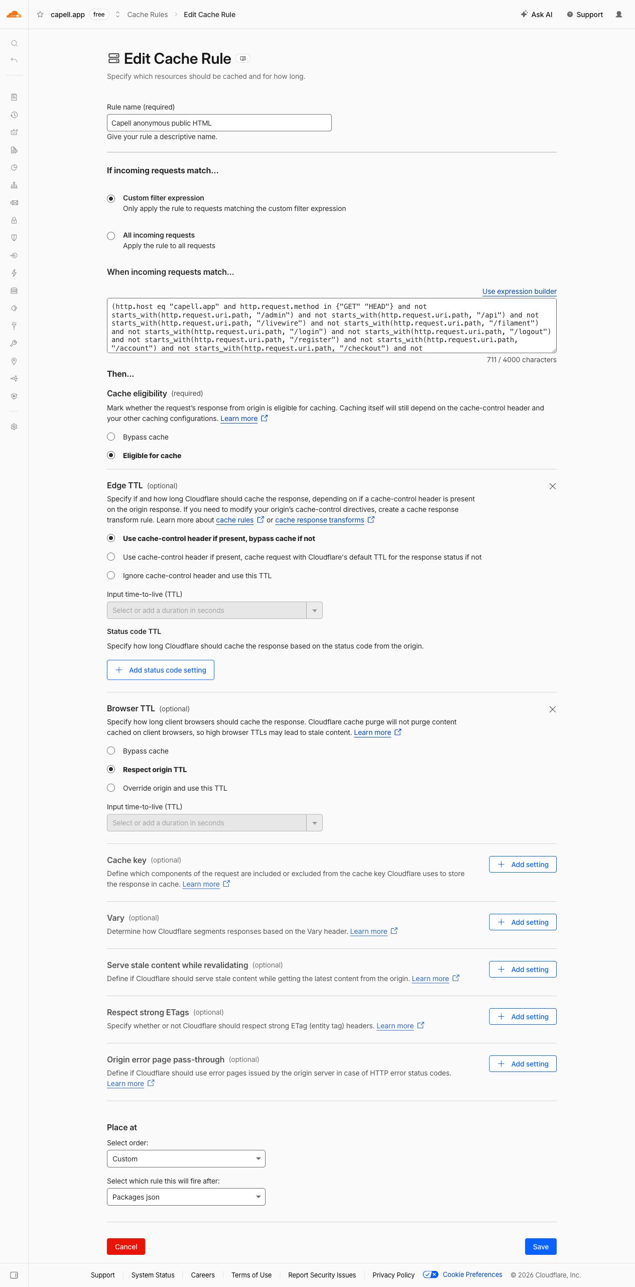 Cloudflare Capell App Cache Rule screenshot.