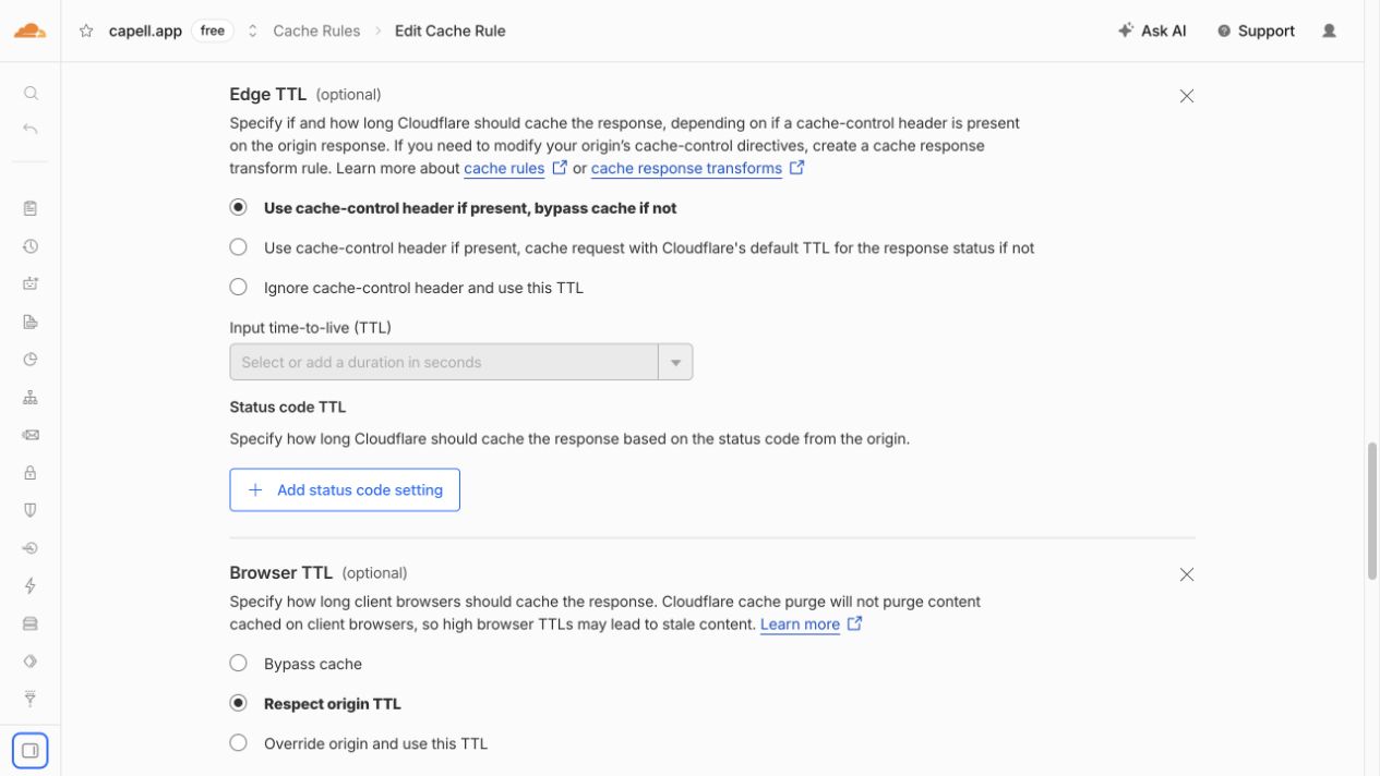 Cloudflare Capell App Cache Ttl screenshot.