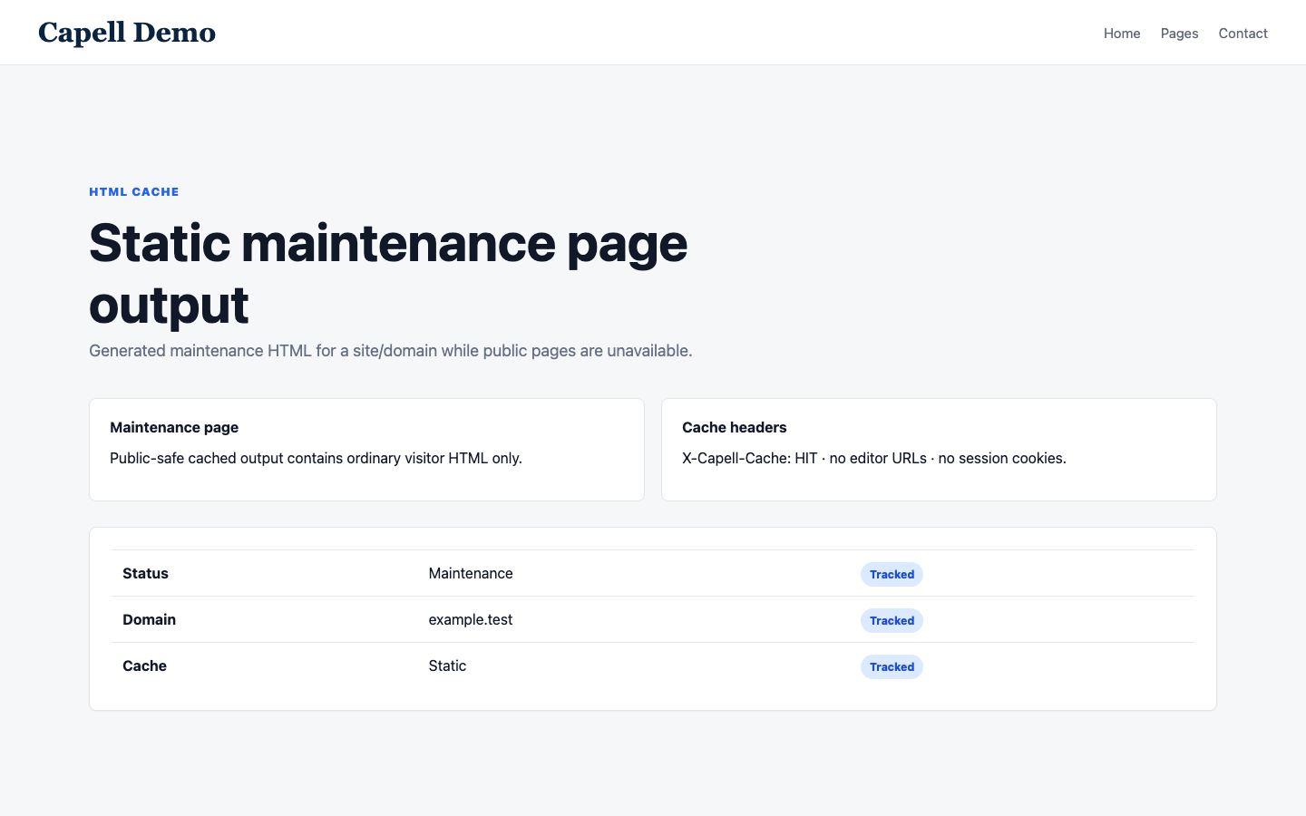 Static maintenance page output served from generated HTML