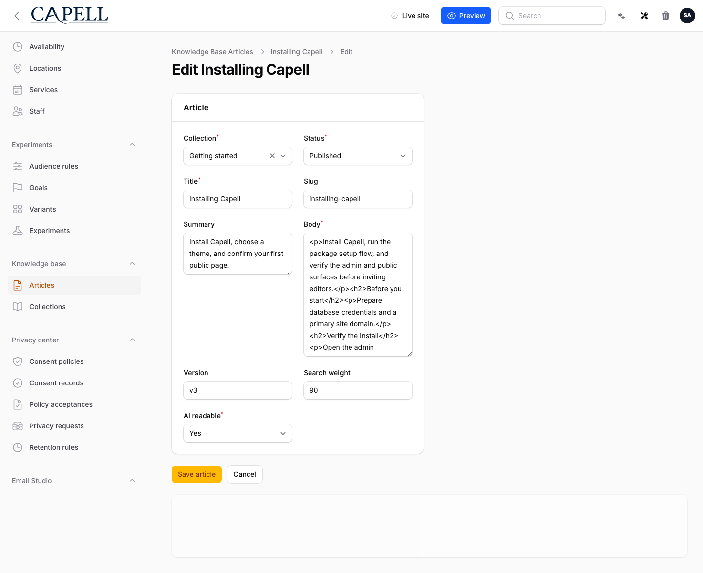 Capell admin edit form for the Installing Capell article showing collection, status, title, slug, body, version, search weight, and AI readable fields.