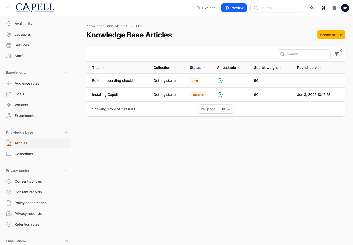 Capell admin Knowledge Base Articles table showing published and draft articles, collection, AI readable status, search weight, and publish date.